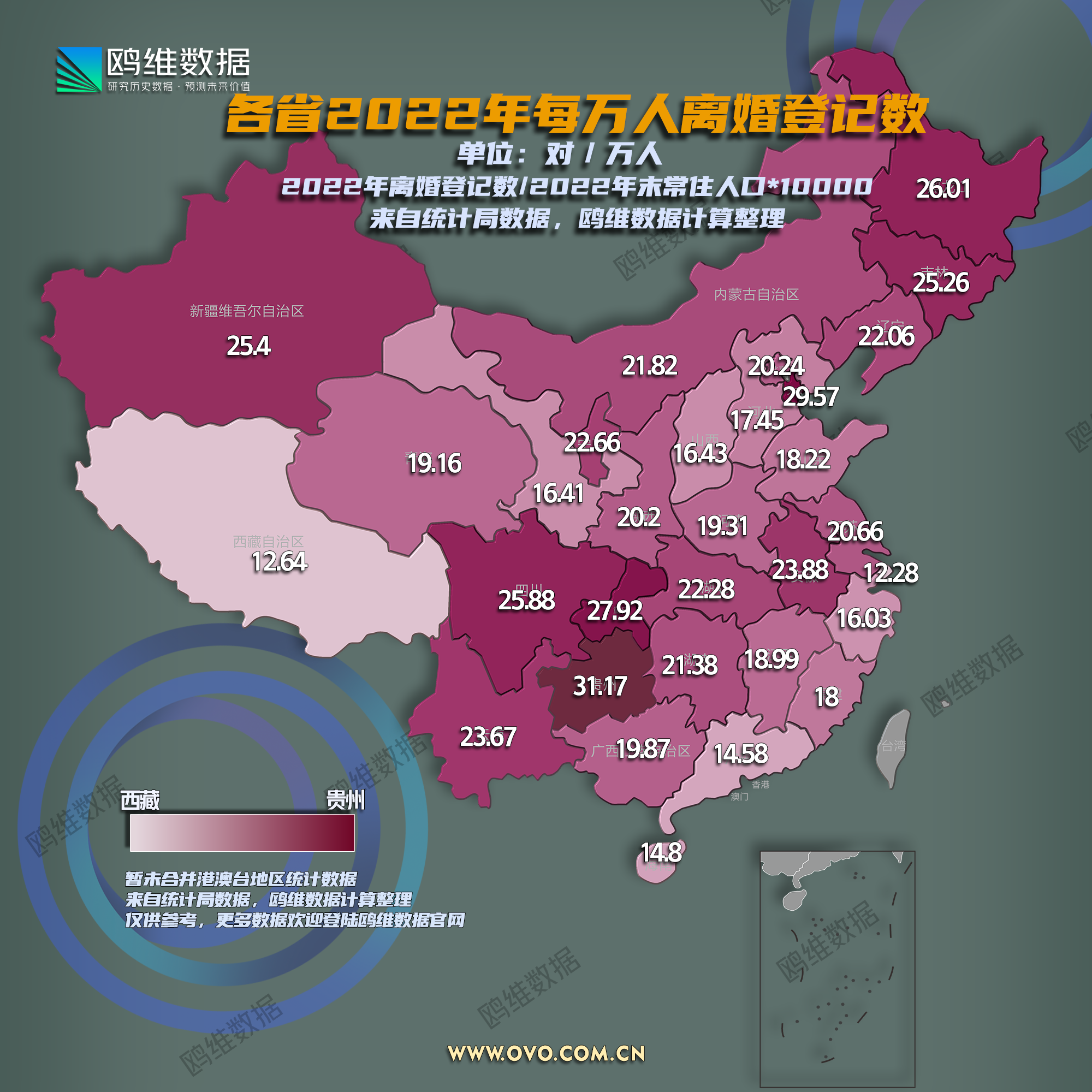 各省2022年每萬人離婚登記數,你們那里是多少?(圖1)