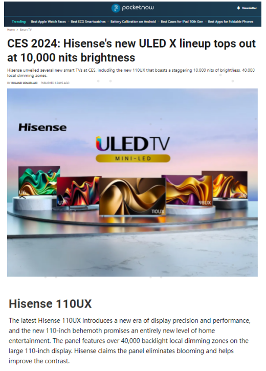 最強Mini LED電視！全球媒體聚焦海信電視UX，CES2024獲16項大獎(圖2)