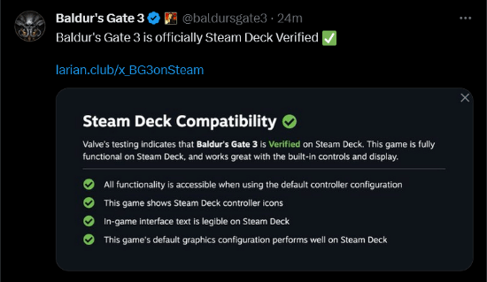 《博德之門3》通過Steam Deck認證 Xbox玩家感到困惑