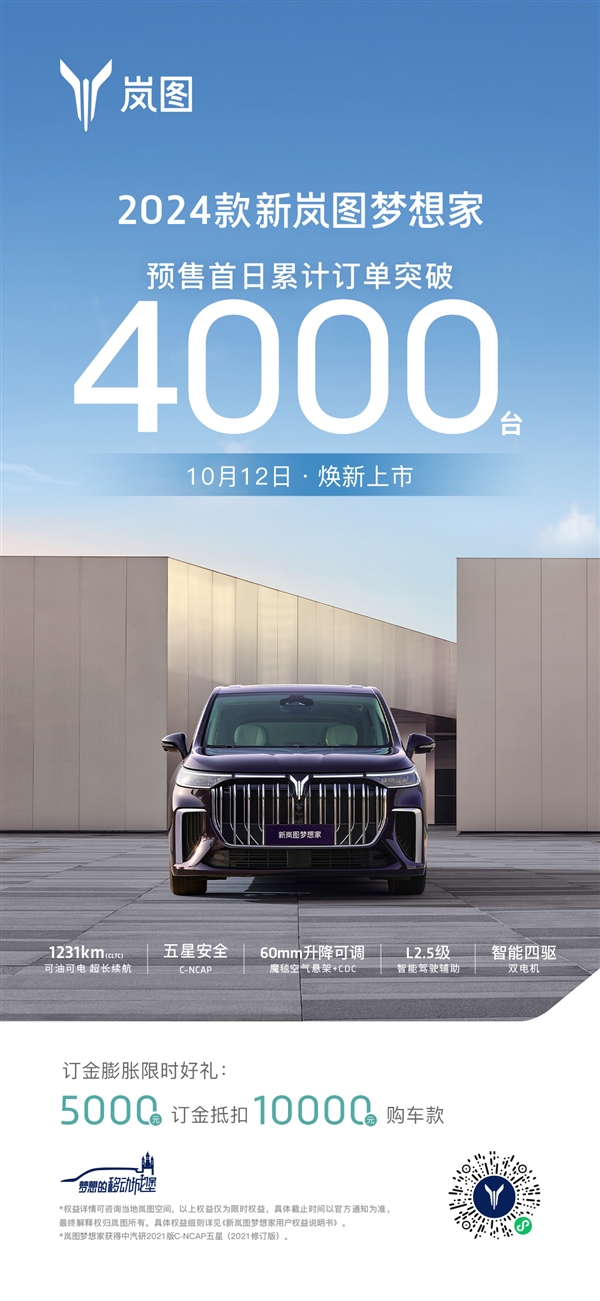 國產豪華電動MPV！新嵐圖夢想家預售首日訂單超4000臺