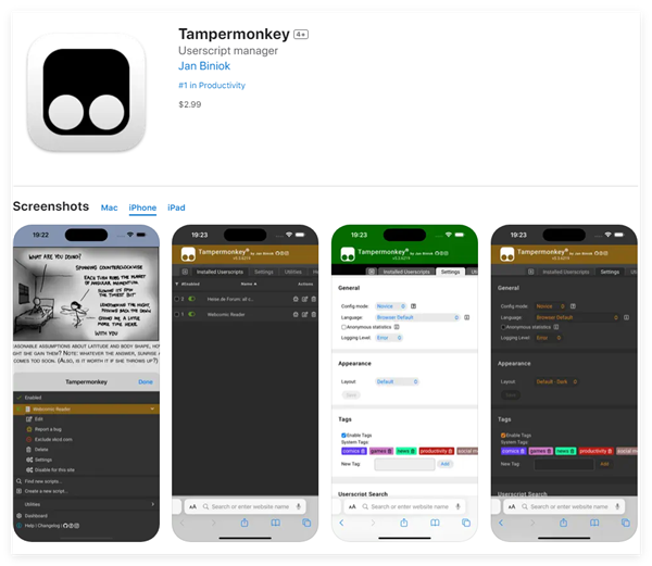 篡改猴Tampermonkey上架蘋果商店！售價21元、Safari可用