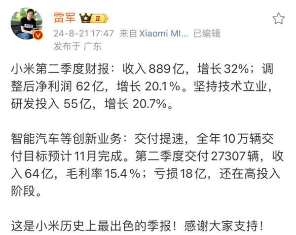小米賣一輛車虧6萬(wàn)上熱搜 雷軍：不用焦慮