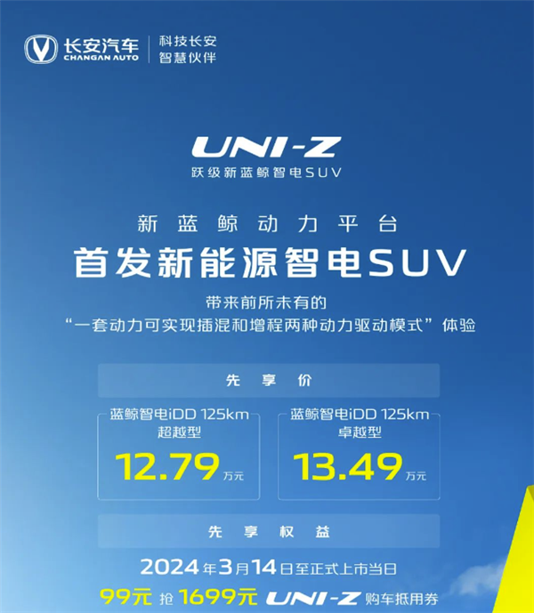 首搭新藍鯨動力！長安UNI-Z插混SUV先享價公布：12.79萬起