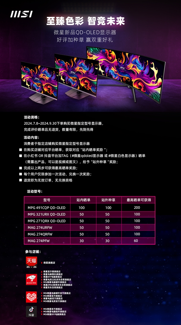 全部支持燒屏三年保！微星QD-OLED顯示器官方最高補貼200元