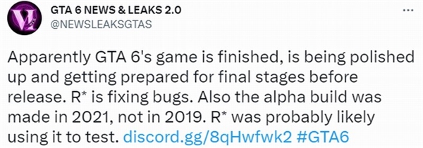 網傳《GTA6》已經開發完成 R星正在打磨并修復Bug