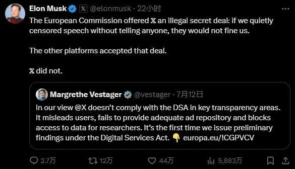 X平臺被認定違法 馬斯克硬剛！我們拒絕了歐盟的“非法秘密交易”
