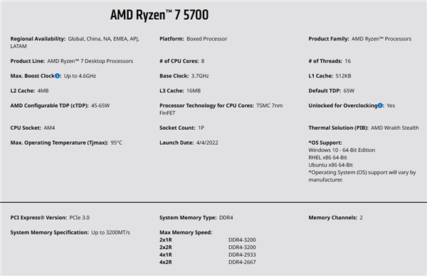 AMD Zen3真乃常青樹(shù)！銳龍5 5700低調(diào)發(fā)布：核顯沒(méi)了