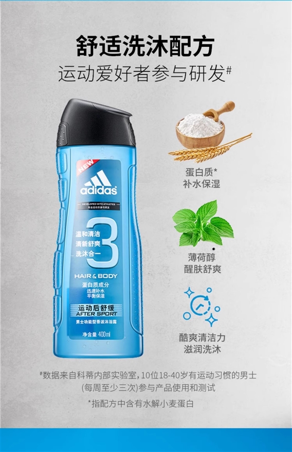 洗頭、洗澡二合一！阿迪達斯沐浴露大促：到手14.9元