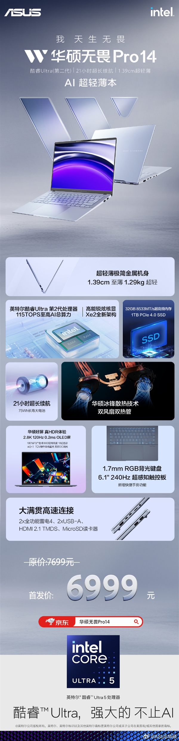 6999元起 華碩無畏Pro 14發布：二代酷睿Ultra7、機身薄至僅1.39cm