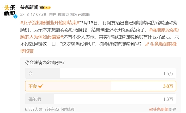 女子淀粉腸創(chuàng)業(yè)開始即結(jié)束 網(wǎng)友拍到淀粉腸攤子2小時(shí)沒人買：近6成網(wǎng)友表示不再吃