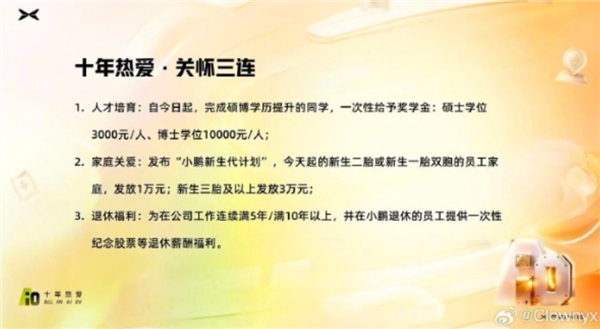 小鵬汽車推多項(xiàng)員工福利：生孩子多獎(jiǎng)錢(qián)也多 退休給股票