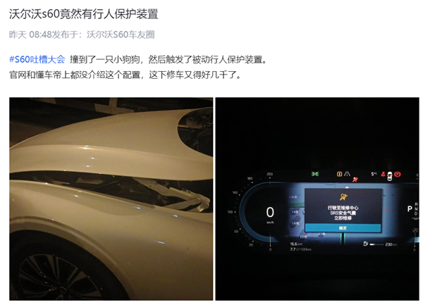 沃爾沃車主吐槽行人保護裝置：一只小狗讓他損失一萬多
