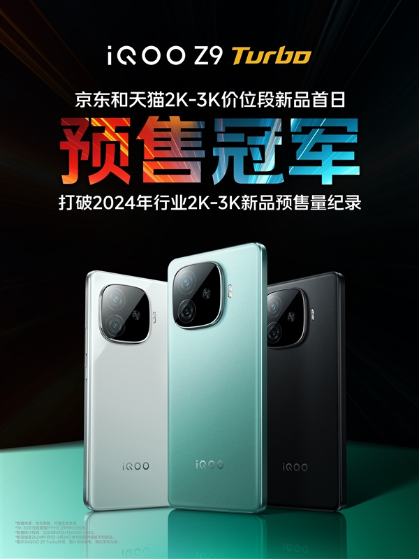 最火驍龍8s Gen3手機！iQOO Z9 Turbo獲京東天貓2K-3K價位預售冠軍