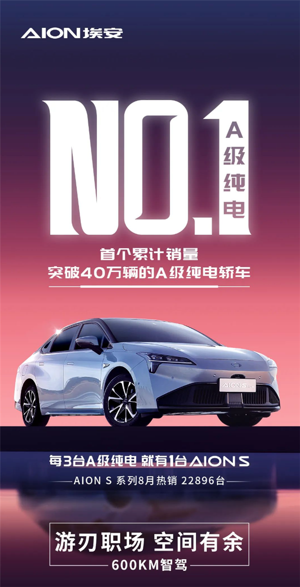 廣汽埃安AION S系列累計銷量超40萬！A級純電轎車第一