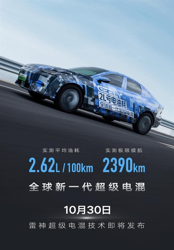 吉利全新雷神超級電混定檔10月30日發布：實測極限續航2390Km