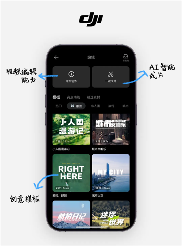 大疆DJI Fly App大升級：新增高光時刻AI一鍵成片、小人國