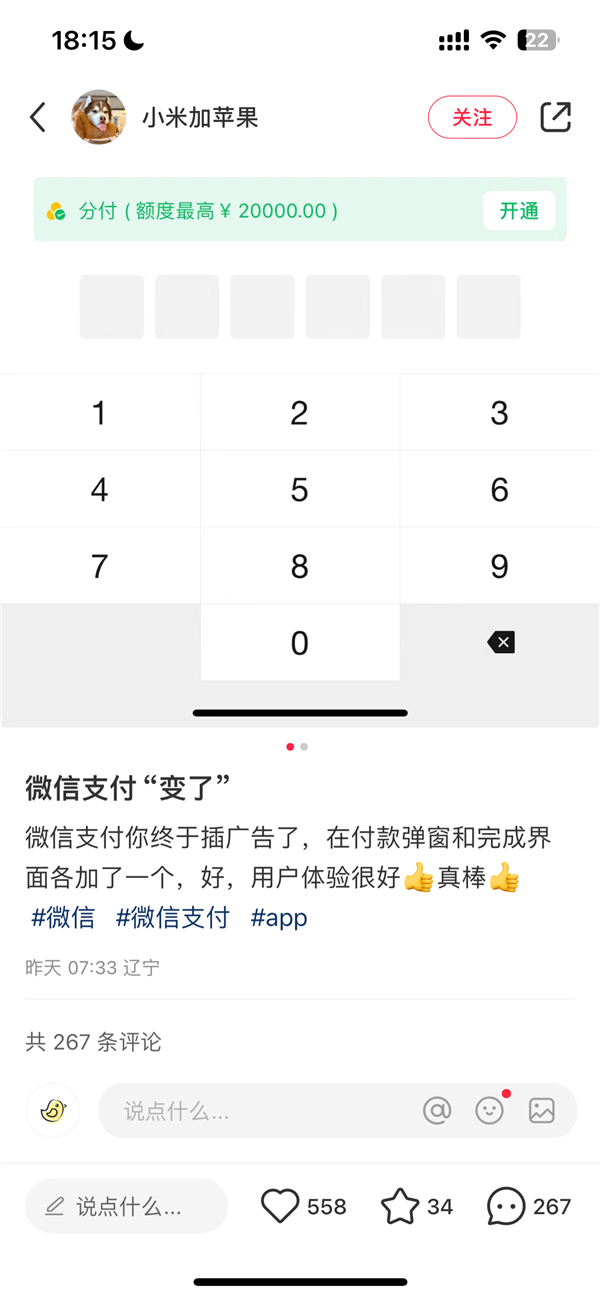 微信回應(yīng)支付頁(yè)面插分付廣告：非廣告 針對(duì)部分用戶開放