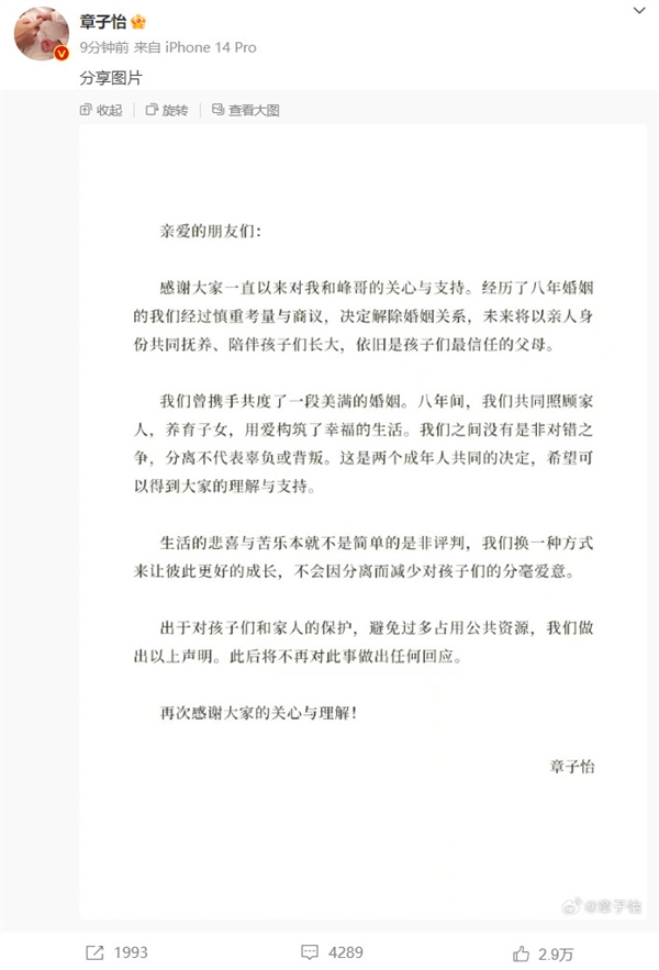 章子怡汪峰微博官宣離婚：避免占用過多公共資源