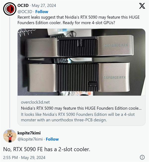 什么逆天科技！RTX 5090被傳只有雙插槽、雙風扇